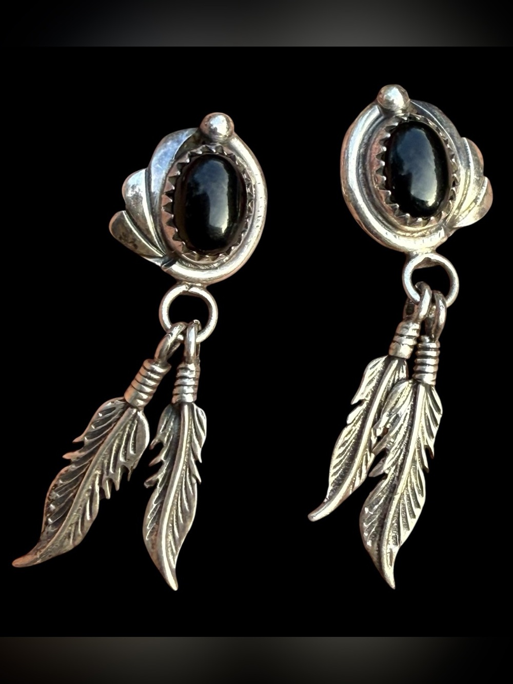 Vintage Mexican Sterling Silver Black Onyx Feather Dangle Earrings DF 925 Mexico